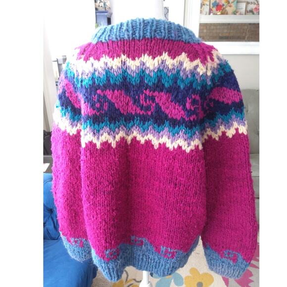 Handmade Womens wool Nordic sweater pink blue viking Fair Isle size Medium - Picture 3 of 7